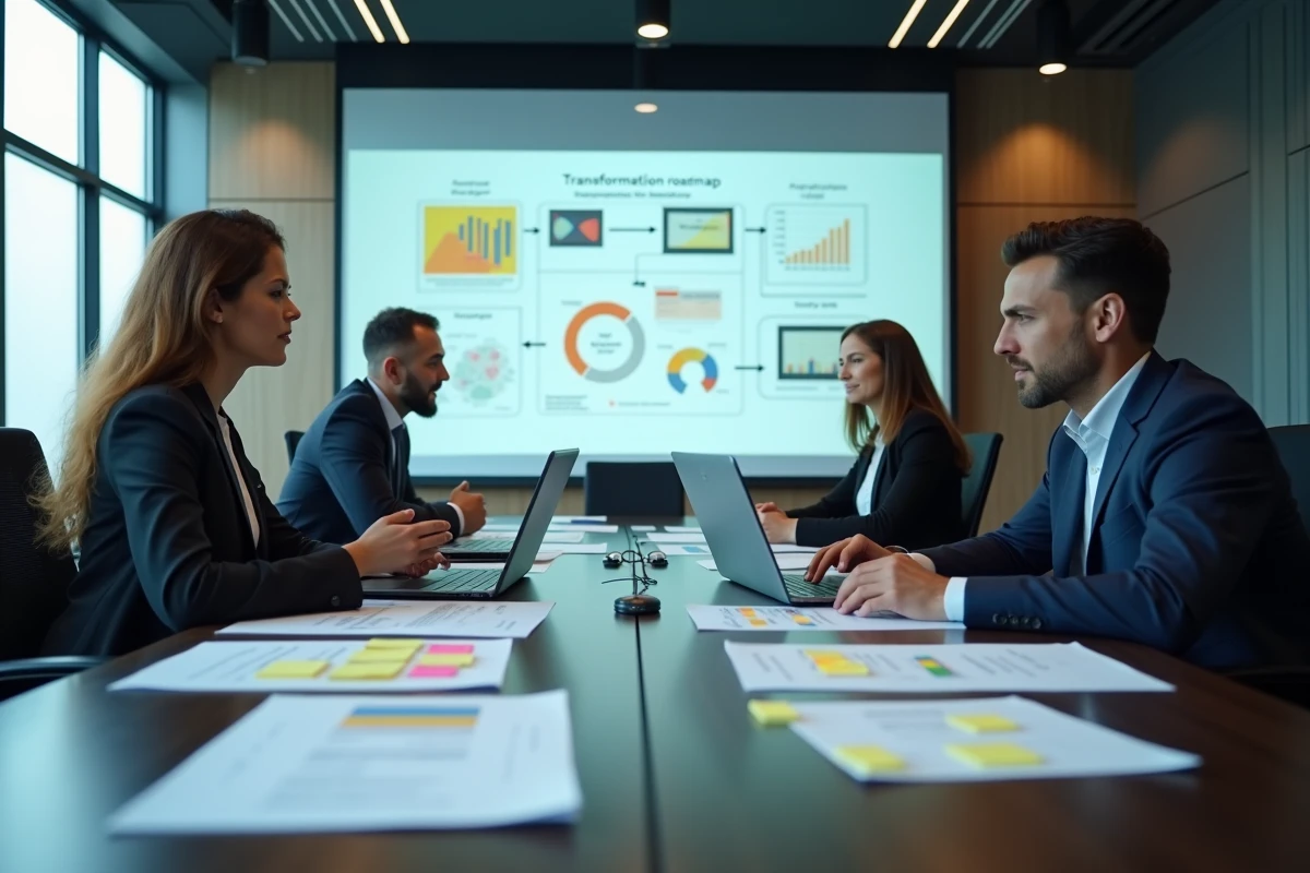 Équipe professionnelle en réunion autour d'une table de conférence avec feuilles de route et post-its, illustrant la collaboration autour d'un objectif de transformation collective