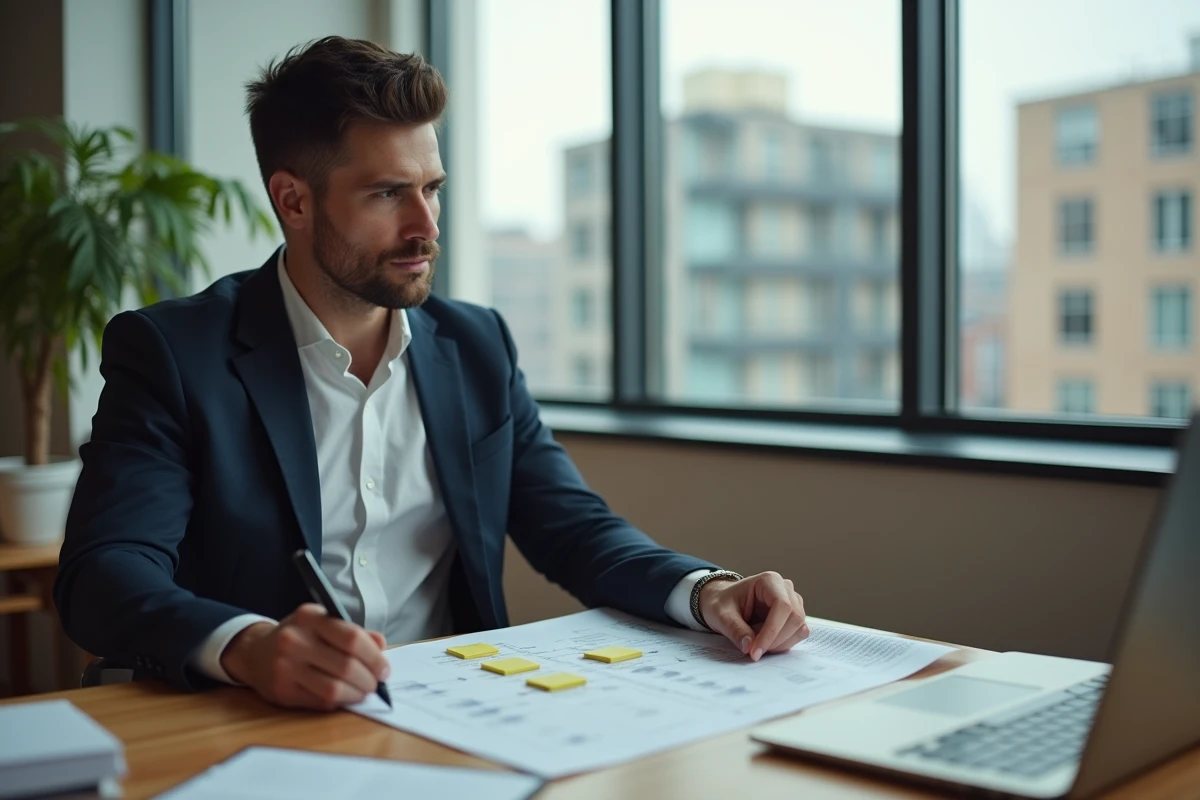 Homme en costume navy analysant un plan de transformation sur son bureau avec vue urbaine, représentant la réflexion stratégique et la conduite du changement