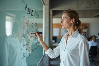 Femme cadre devant un tableau blanc avec diagrammes stratégiques dans un bureau moderne, illustrant l'objectif de transformation organisationnelle