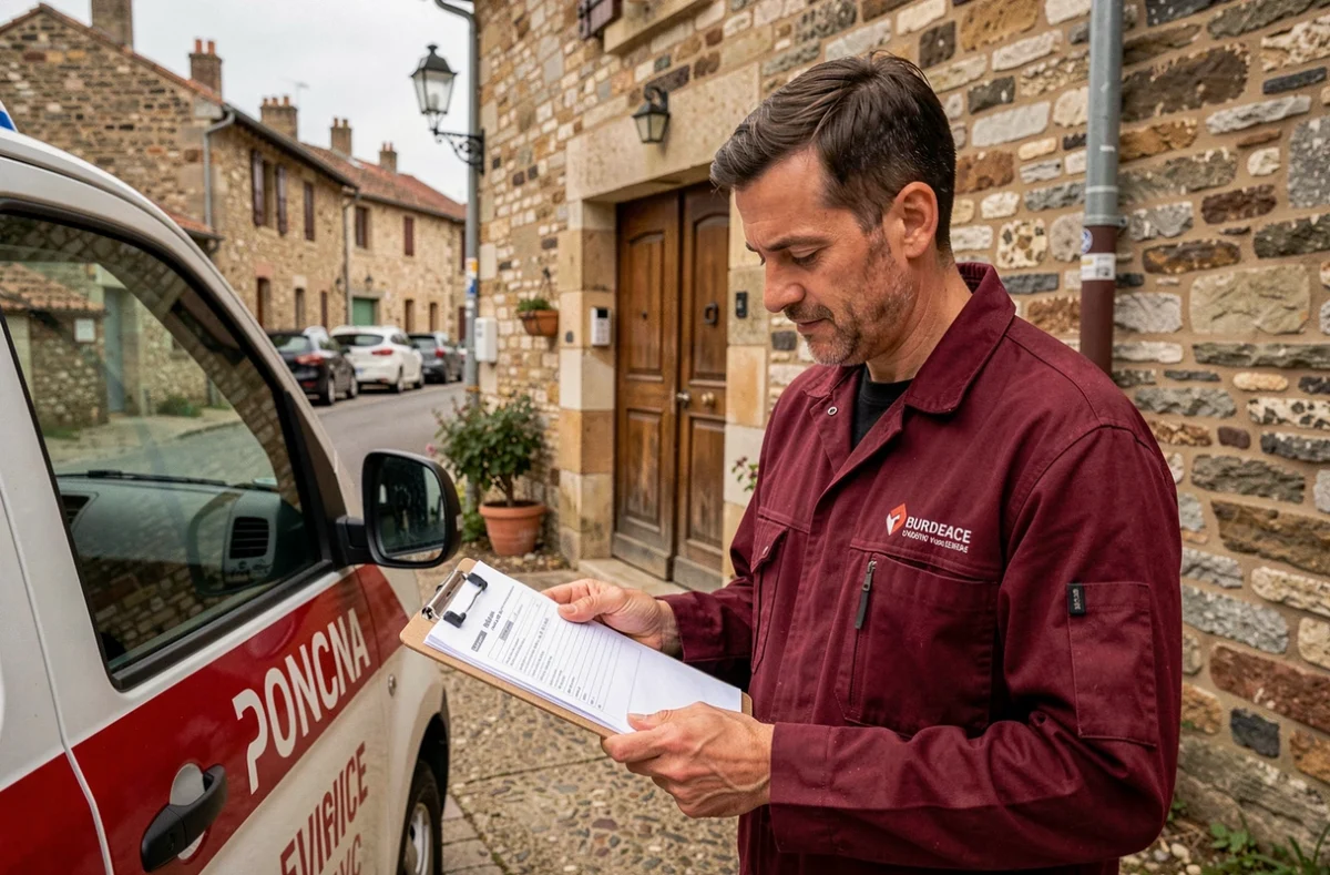 Serrurier du réseau Ou Serrurier consulant un bon d'intervention devant une maison en pierre dans un village de Saône-et-Loire