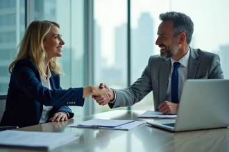 Deux professionnels en costume se serrent la main lors d'un partenariat commercial dans une salle de réunion moderne