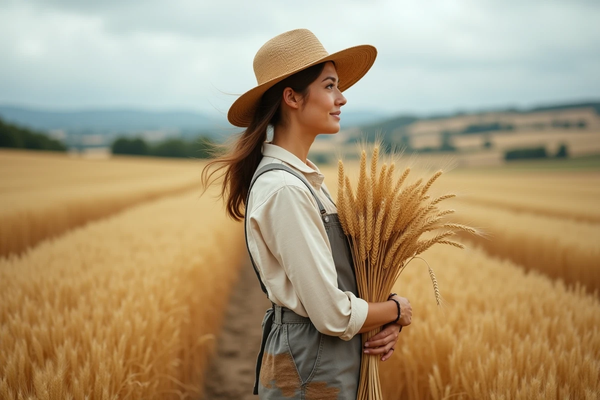 Paysanne debout dans un champ de blé doré tenant une gerbe de blé, paysage agricole rural français
