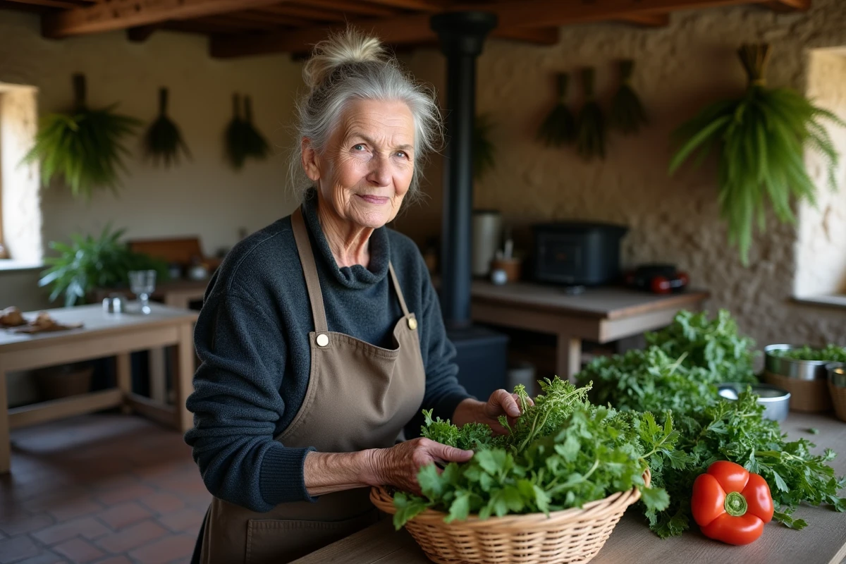 Paysanne âgée triant des herbes et légumes frais dans une cuisine de ferme rustique en pierre