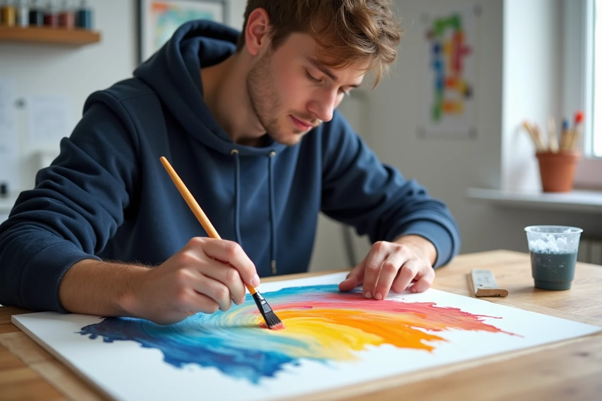 Jeune artiste travaillant avec de la peinture acrylique sur papier dans un atelier moderne