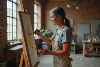 Artiste peignant à l'huile sur toile dans un atelier authentique avec tubes de peinture à l'huile et médium