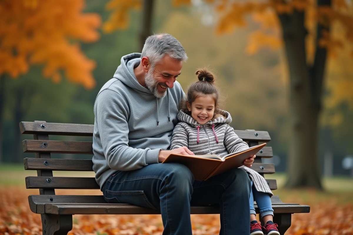Père et fille riant ensemble sur un banc de parc en automne, partageant un livre illustré dans une ambiance de parentalité bienveillante