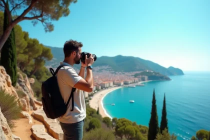Photographe professionnel cadrant un paysage côtier des Alpes-Maritimes avec Nice et la Méditerranée en arrière-plan