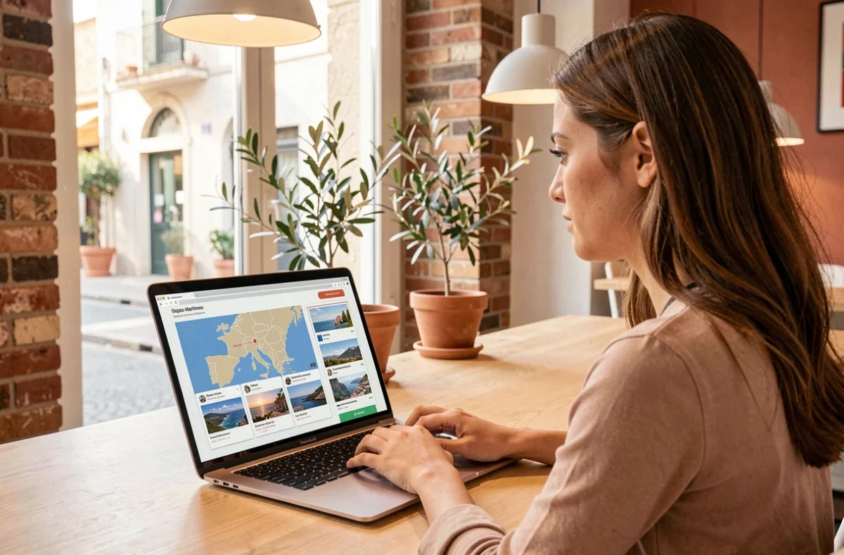 Femme consultant une plateforme de mise en relation avec des photographes locaux sur un ordinateur dans un espace de coworking niçois