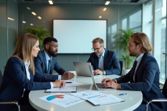 Quatre professionnels en réunion autour d'une table de conférence discutant des piliers stratégiques de Deloitte