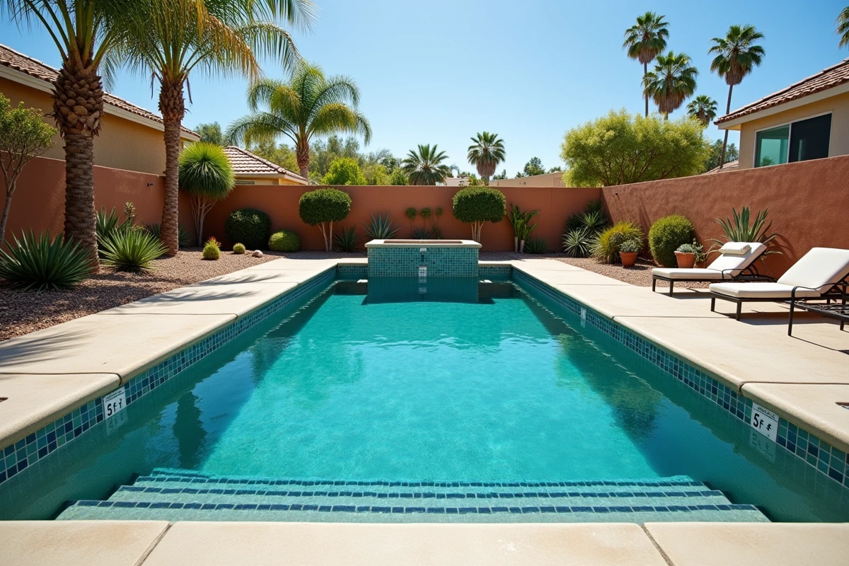 Piscine résidentielle en Californie avec marqueurs de profondeur visibles sur les parois intérieures, vue grand angle depuis la terrasse