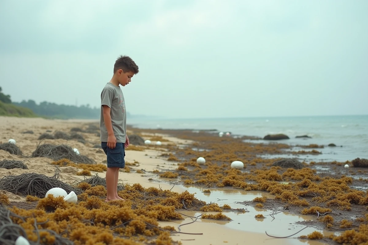 Un jeune garçon contemple une plage côtière envahie d'algues et de déchets plastiques
