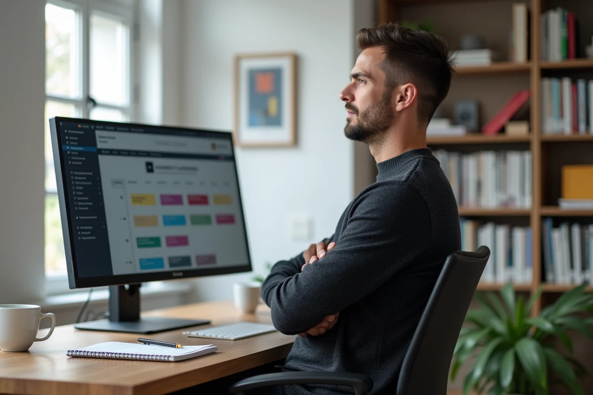 Homme consultant un logiciel de planning événementiel sur ordinateur dans un bureau à domicile moderne