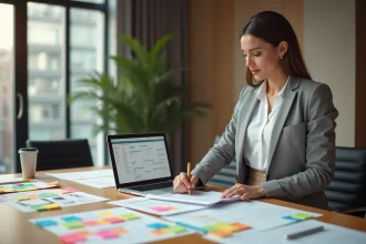 Femme organisatrice d'événements étudiant un planning détaillé sur une table de conférence avec notes adhésives et ordinateur portable