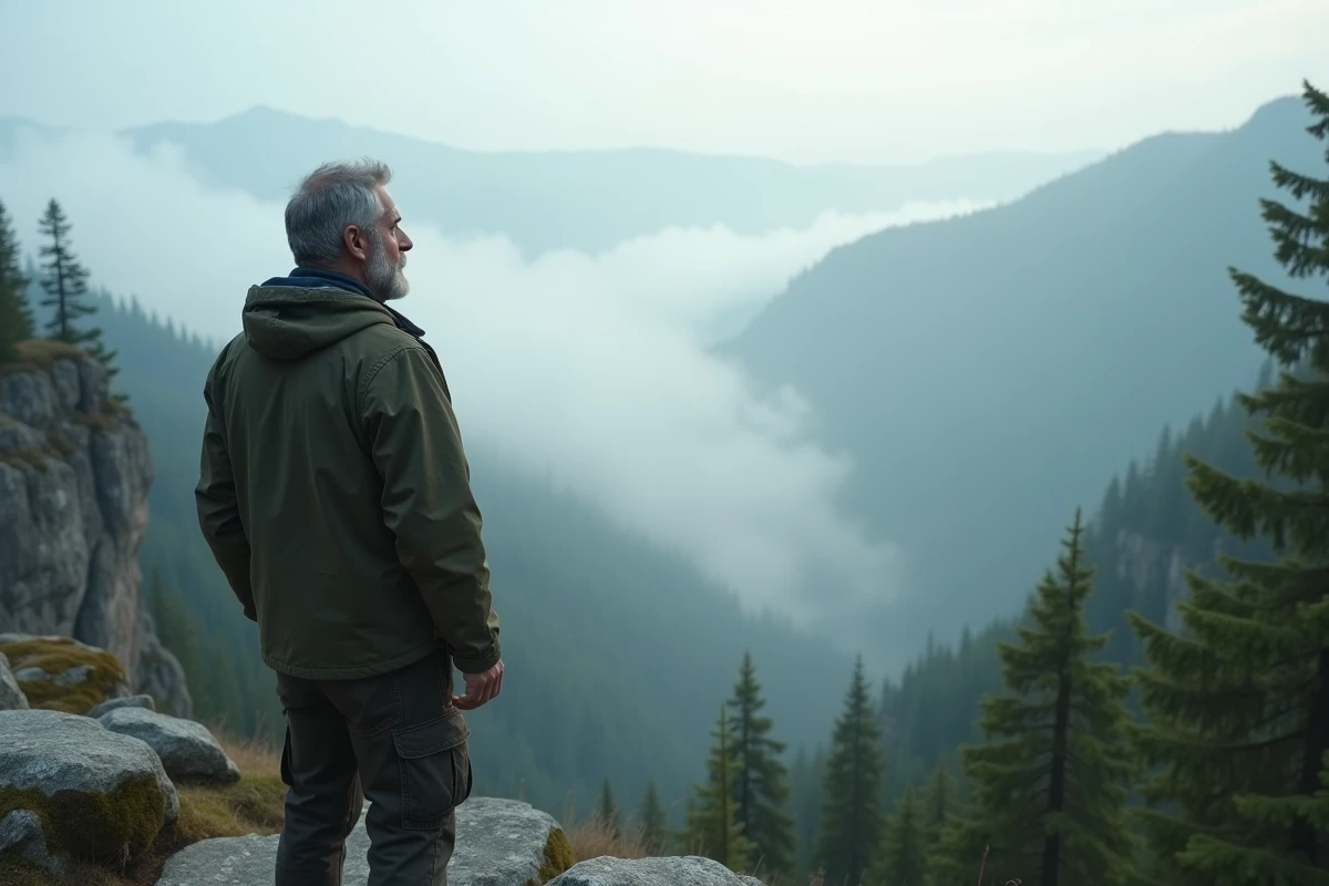 Homme contemplatif au sommet d'une falaise brumeuse, symbolisant l'élévation des plans de conscience