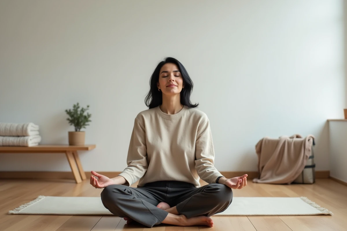 Femme en méditation dans une pièce minimaliste, explorant les plans de conscience intérieure