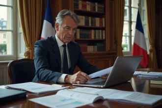 Homme d'affaires français en costume sombre examinant des documents fiscaux dans un bureau parisien luxueux
