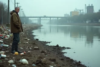 Un homme observe une rive fluviale polluée par des déchets plastiques en zone industrielle urbaine