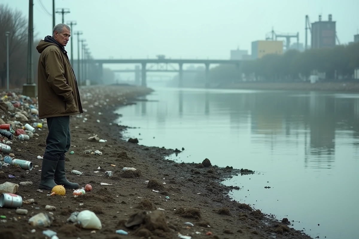 Un homme observe une rive fluviale polluée par des déchets plastiques en zone industrielle urbaine
