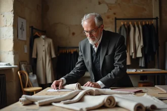 Styliste de mode masculin examinant des échantillons de tissu dans un atelier de haute couture parisien