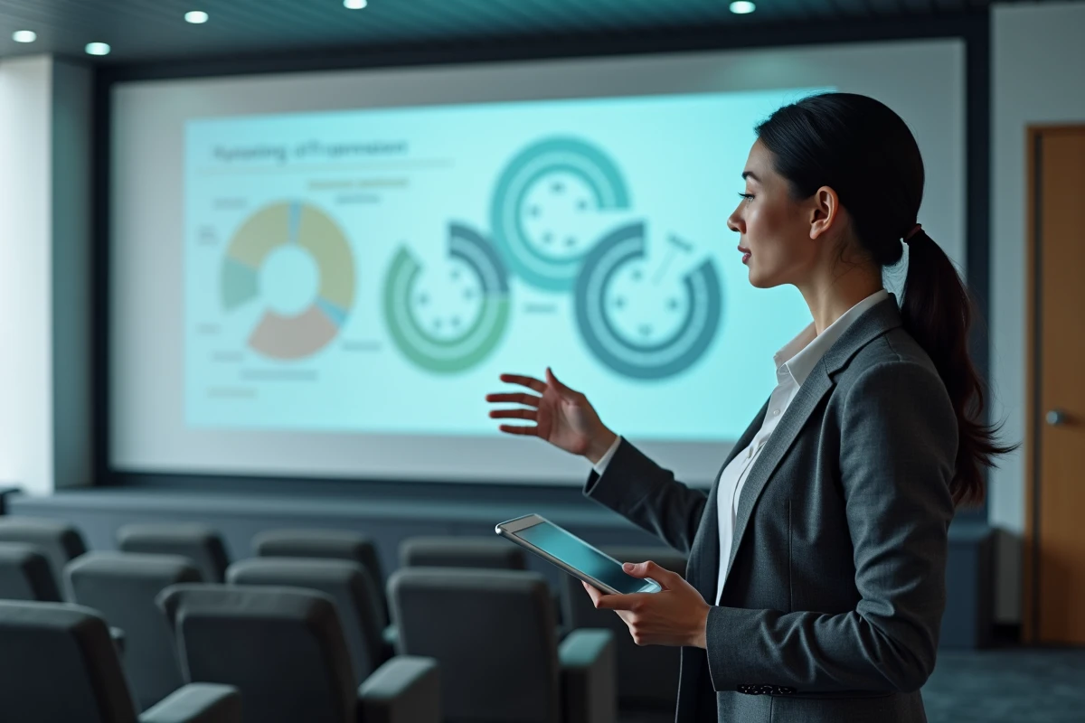 Femme d'affaires présentant les quatre piliers de Deloitte devant un tableau de bord numérique en salle de conférence