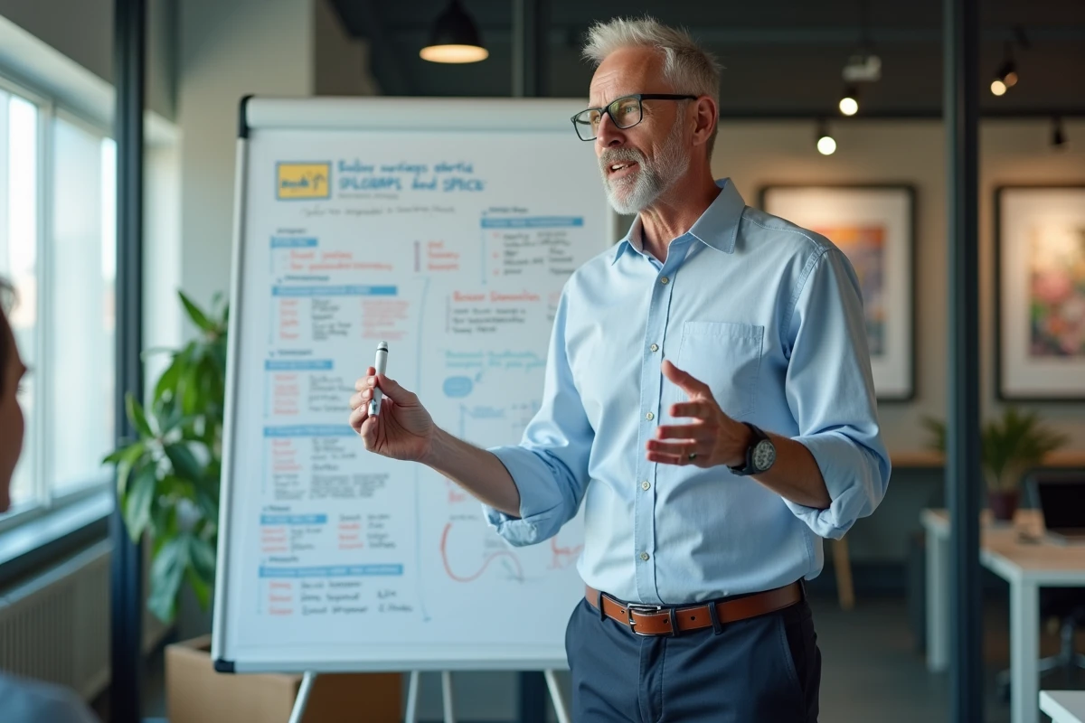Professionnel présentant des stratégies et solutions aux problèmes sociaux devant un tableau blanc dans un bureau associatif