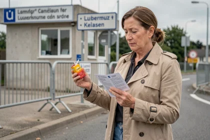 Femme à un poste frontière luxembourgeois tenant un paquet de cigarettes Camel et consultant une fiche de réglementation douanière