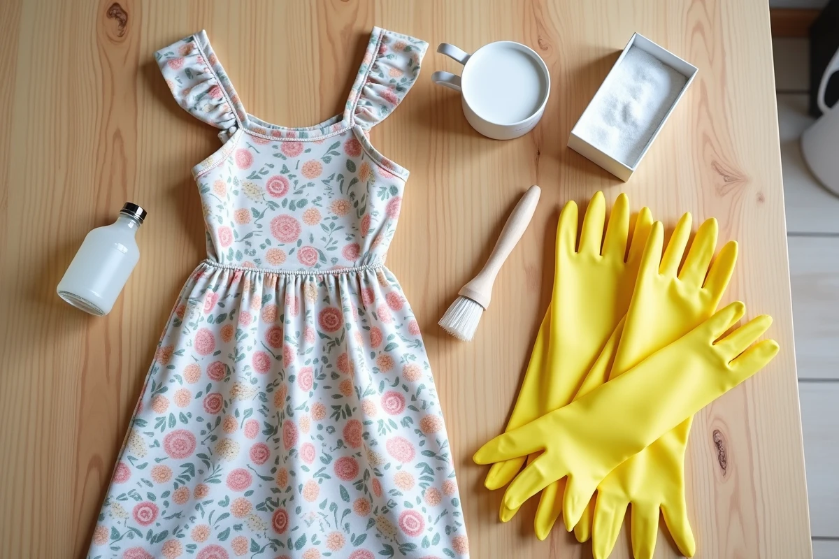 Flat lay des produits naturels pour désinfecter un vêtement d'occasion : vinaigre, bicarbonate et brosse