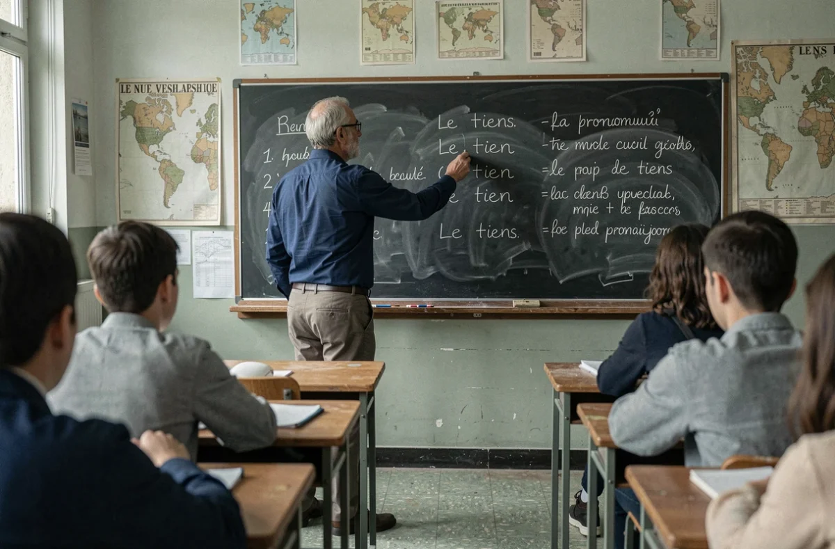 Professeur de français écrivant des règles de grammaire sur un tableau noir en classe