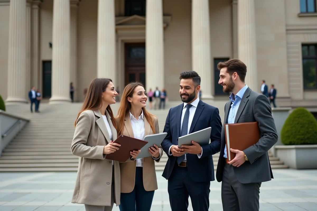 Groupe de professionnels devant une institution publique néoclassique symbole de gouvernance économique