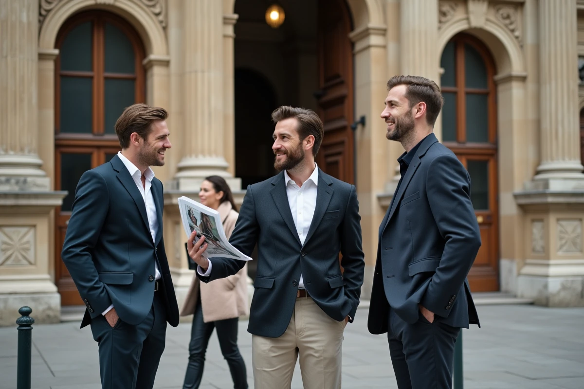 Professionnels de la mode en discussion devant un bâtiment parisien emblématique lors d'un événement culturel