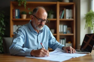 Propriétaire consultant des documents fiscaux liés à la taxe foncière et aux revenus locatifs à son bureau