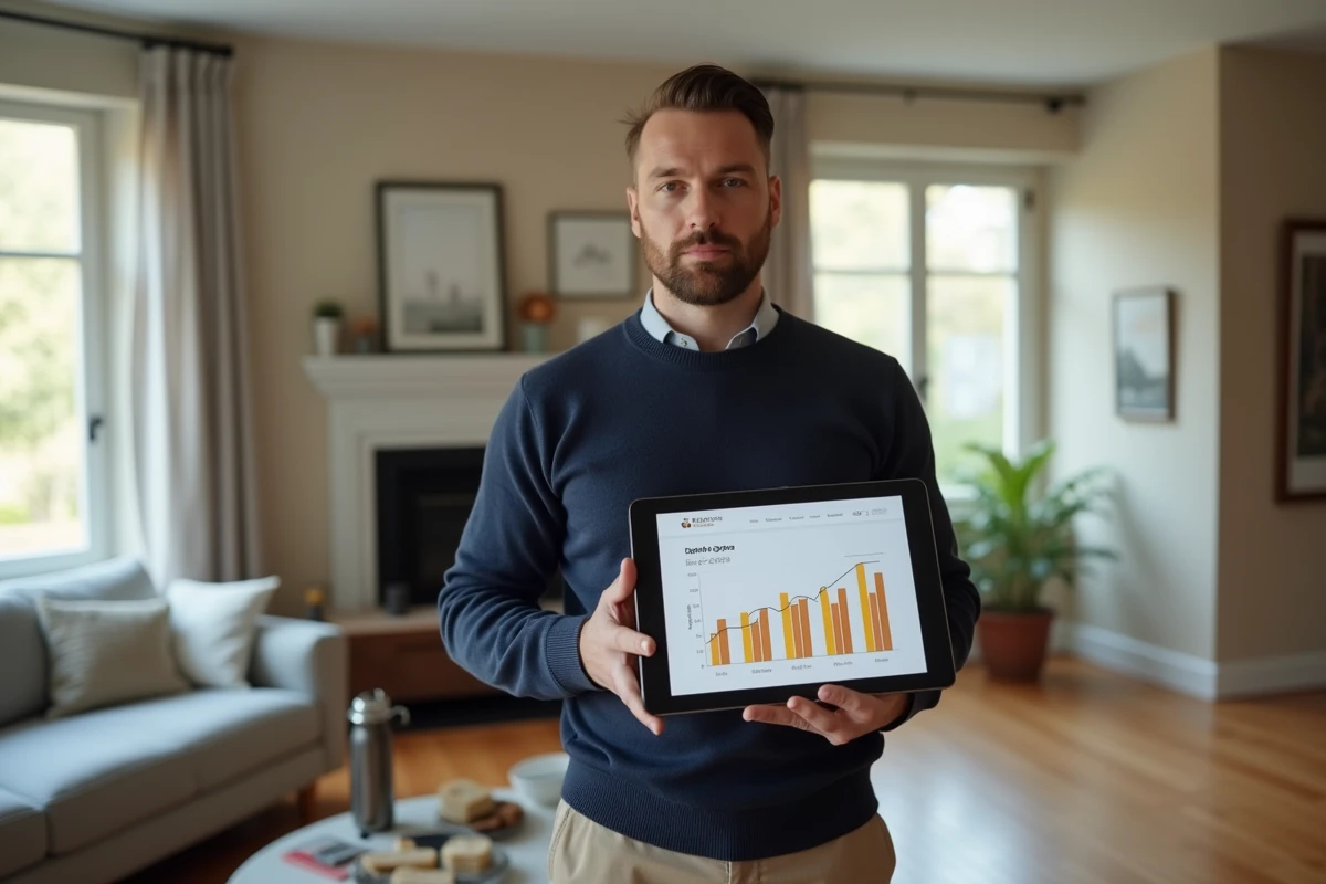Propriétaire consultant une estimation immobilière en ligne sur une tablette dans son salon