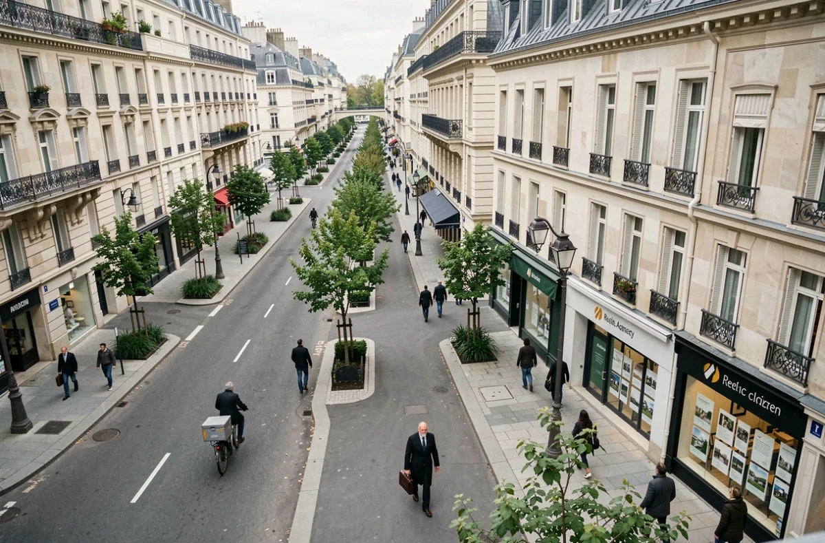 Boulevard parisien rénové près d'une station de la ligne 14 avec agence immobilière en vitrine