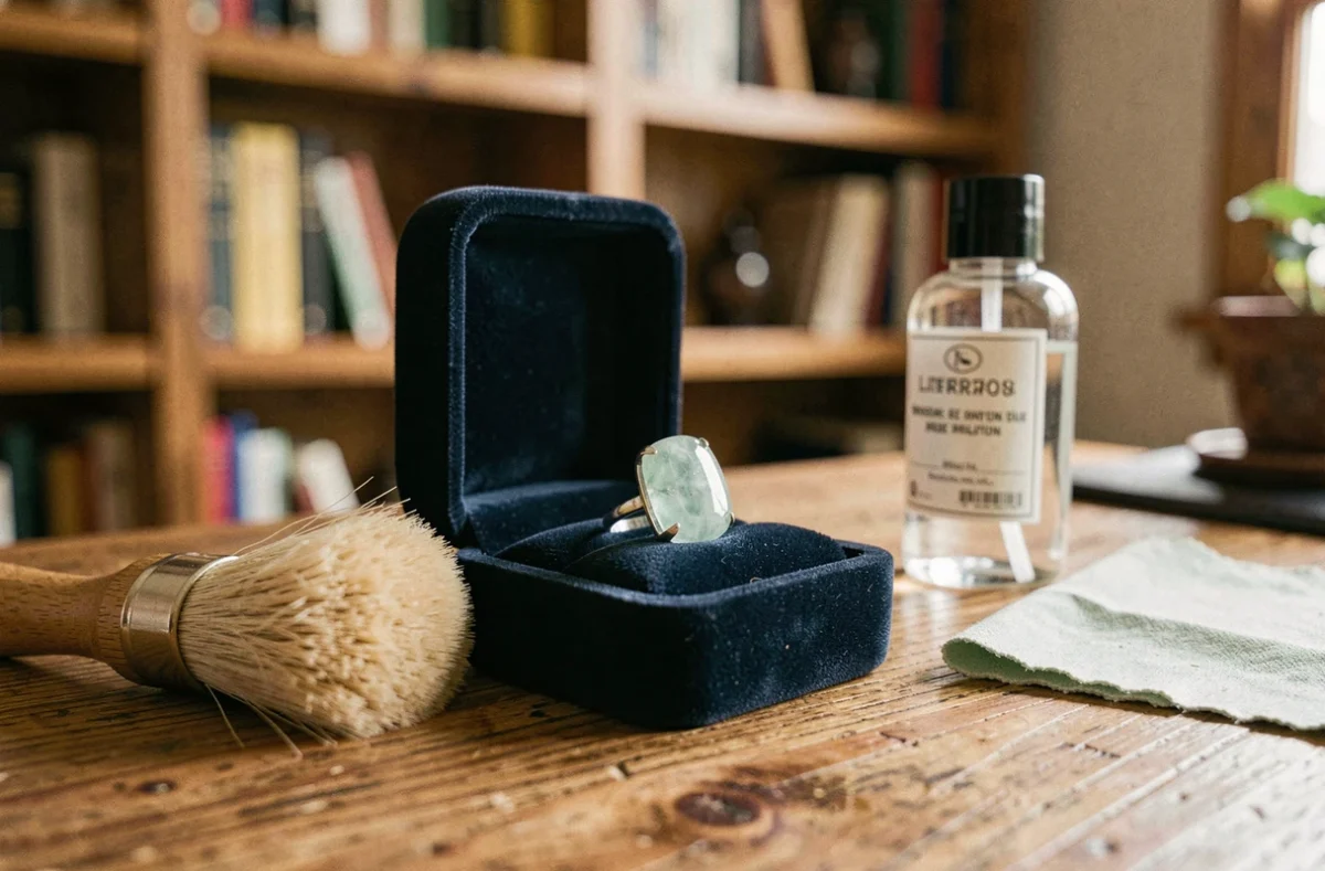 Bague en pierre verte claire posée dans un écrin de rangement entourée d'accessoires d'entretien pour bijoux