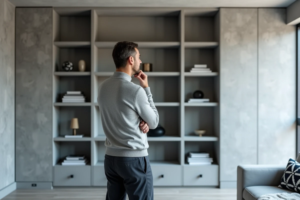 Homme observant un rangement encastré dans une niche murale dans un salon au style scandinave