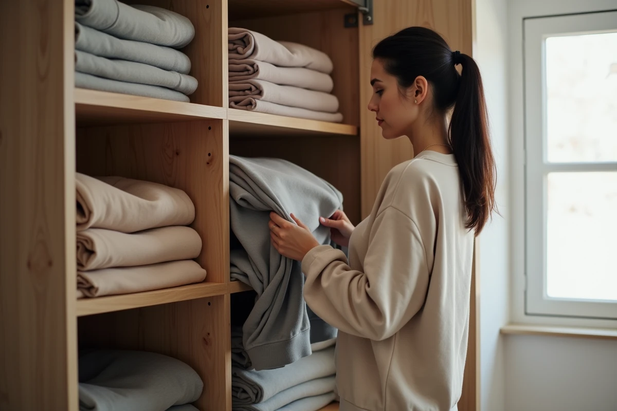 Femme rangeant des sweatshirts pliés dans une armoire en bois bien organisée