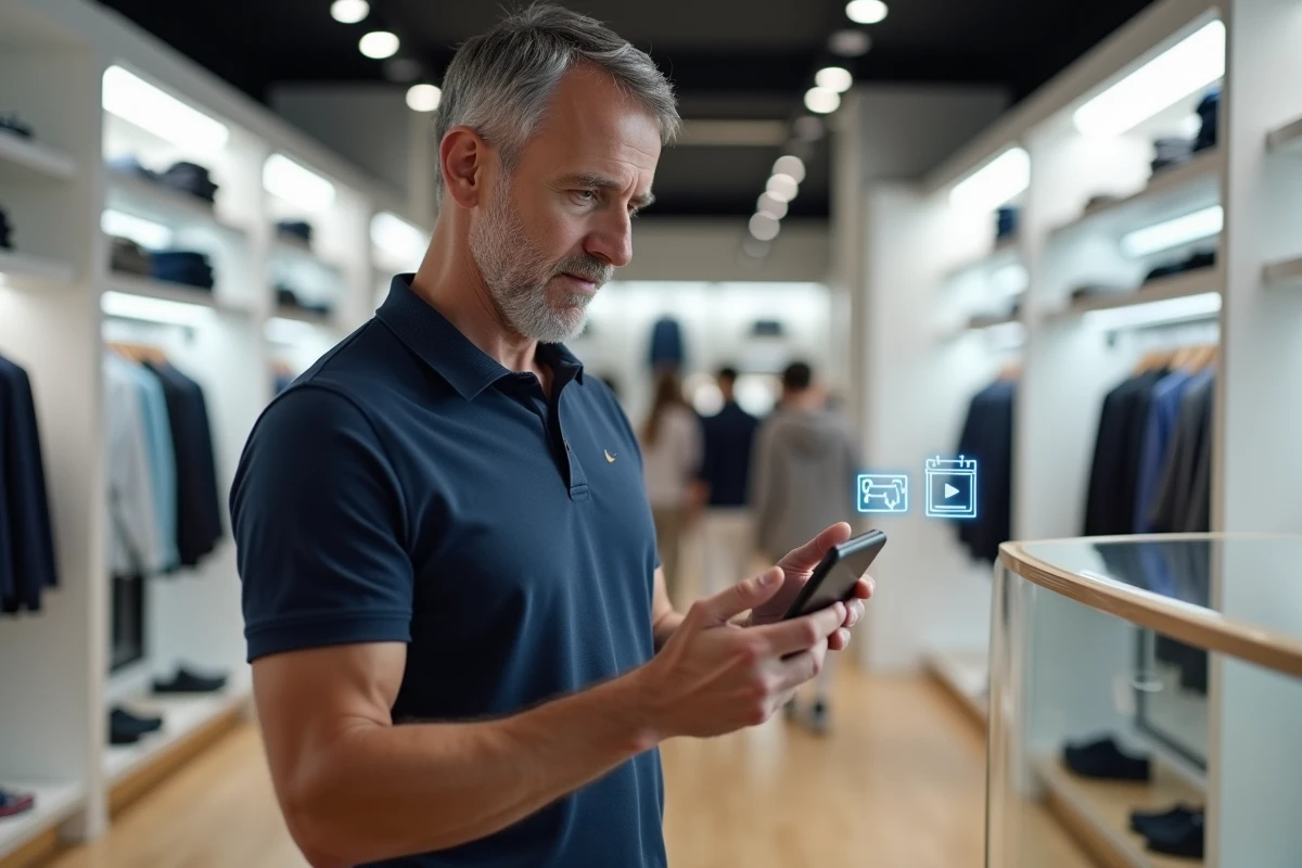 Client utilisant la réalité augmentée sur smartphone pour explorer des produits dans un magasin connecté moderne