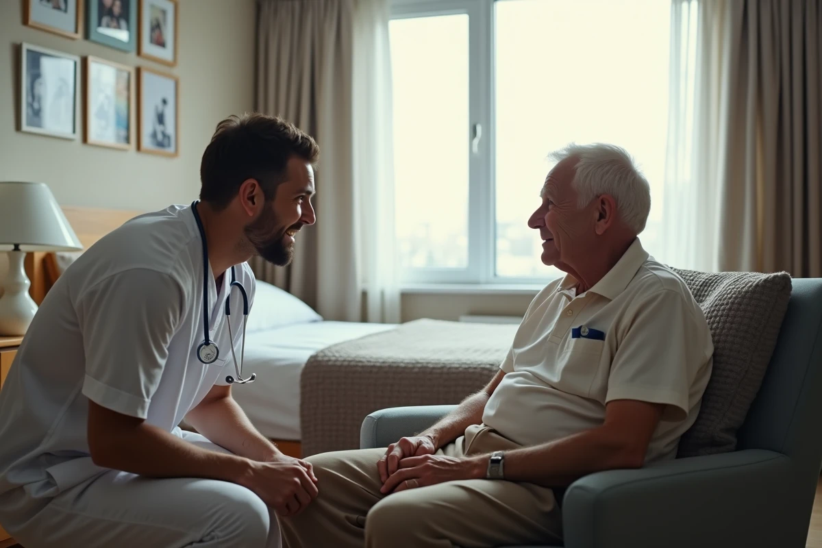 Aide-soignant en EHPAD pratiquant le pilier du regard de la méthode Humanitude avec un résident âgé assis en fauteuil