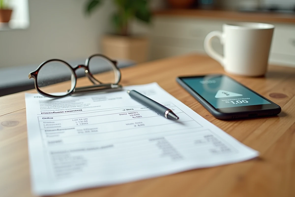 Relevé bancaire et application mobile affichant un solde négatif sur une table, illustrant les inquiétudes financières des clients des banques françaises