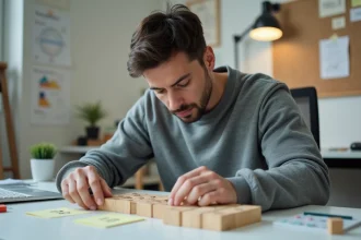 Ingénieur logiciel arrangeant des blocs numérotés sur un bureau pour illustrer le concept de remplissage dans les modèles de langage LLM