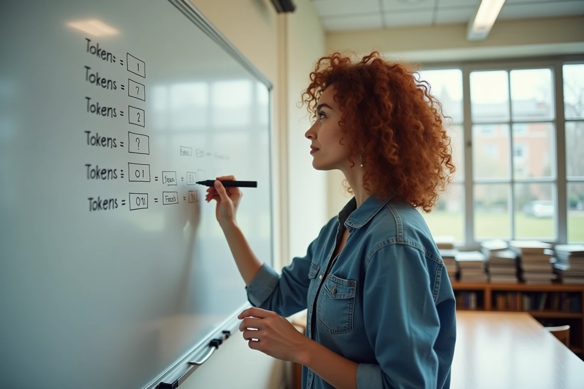 Chercheuse en intelligence artificielle illustrant le remplissage de séquences de tokens sur un tableau blanc dans une salle universitaire