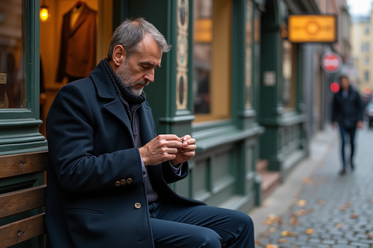 Homme réparant son manteau en laine devant une boutique de retouche, symbole de l'entretien et de la longévité des vêtements