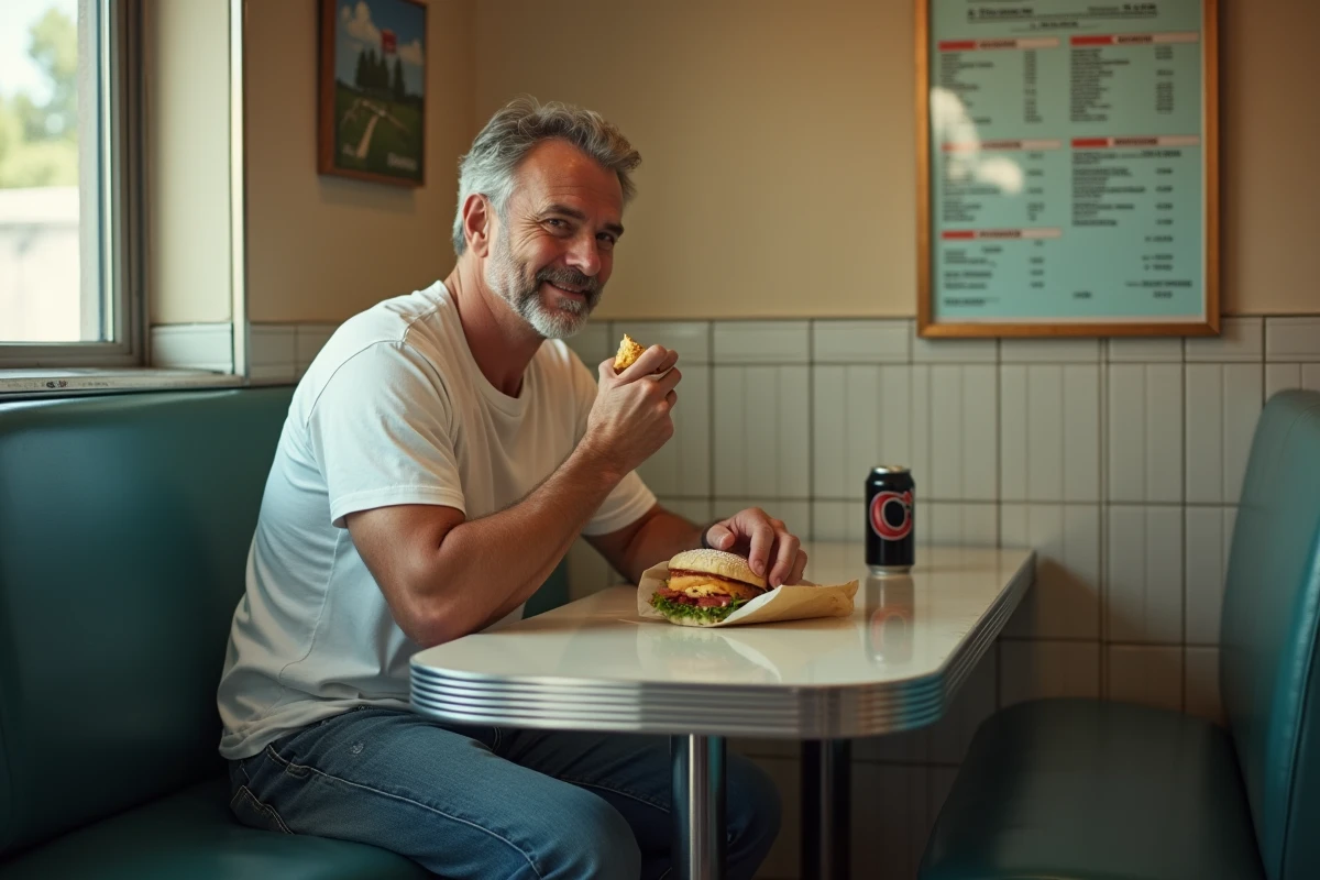 Homme mangeant un repas simple dans un restaurant populaire, représentant l'opposé de la gastronomie