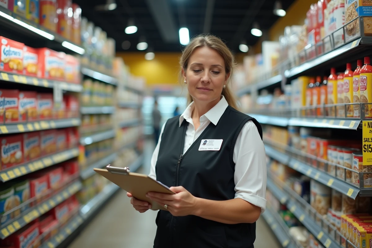 Responsable de supermarché vérifiant les étiquettes de prix dans un rayon de grande surface, illustrant la hausse des prix alimentaires pendant l'inflation