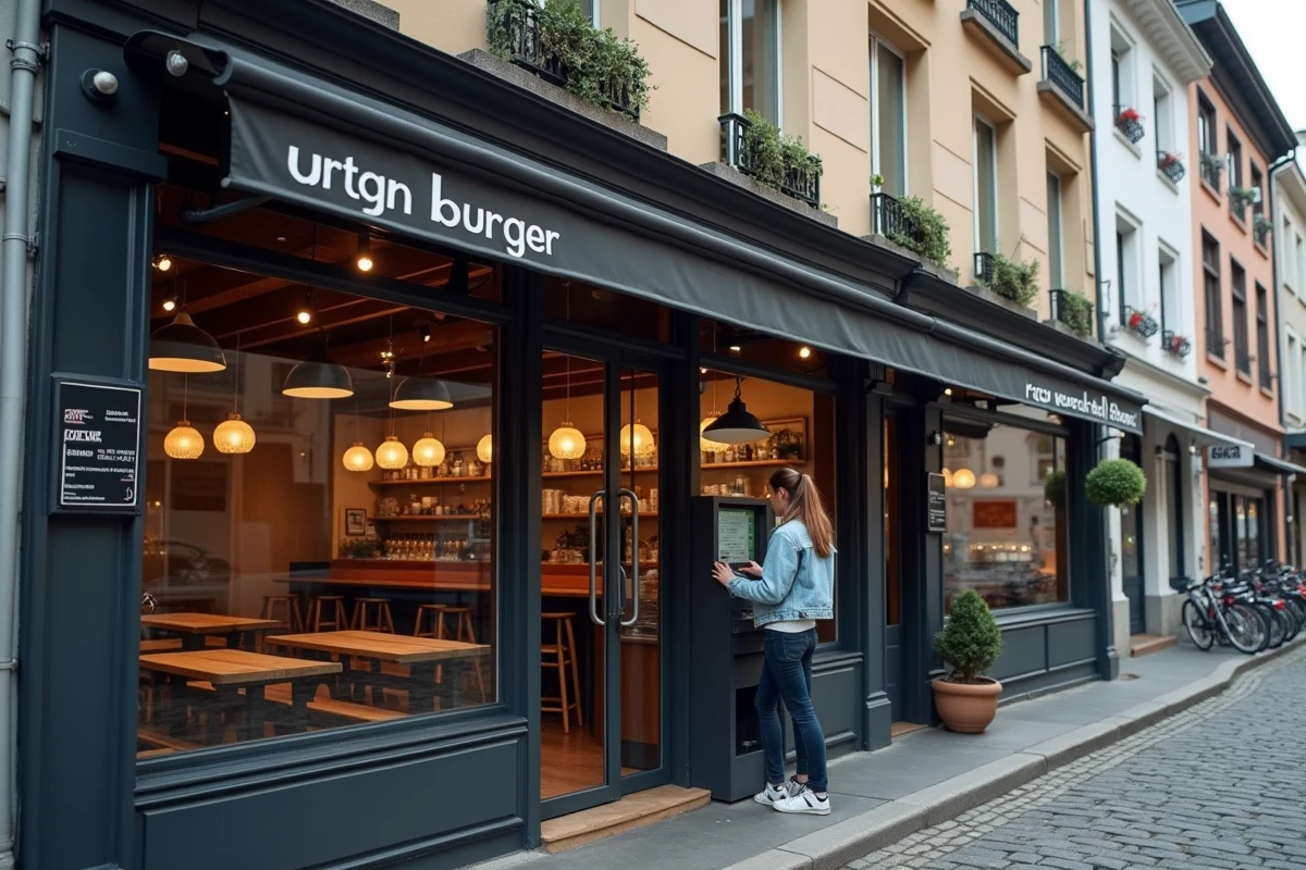 Jeune femme commandant à une borne interactive devant un restaurant fast-casual burger dans une rue pavée européenne