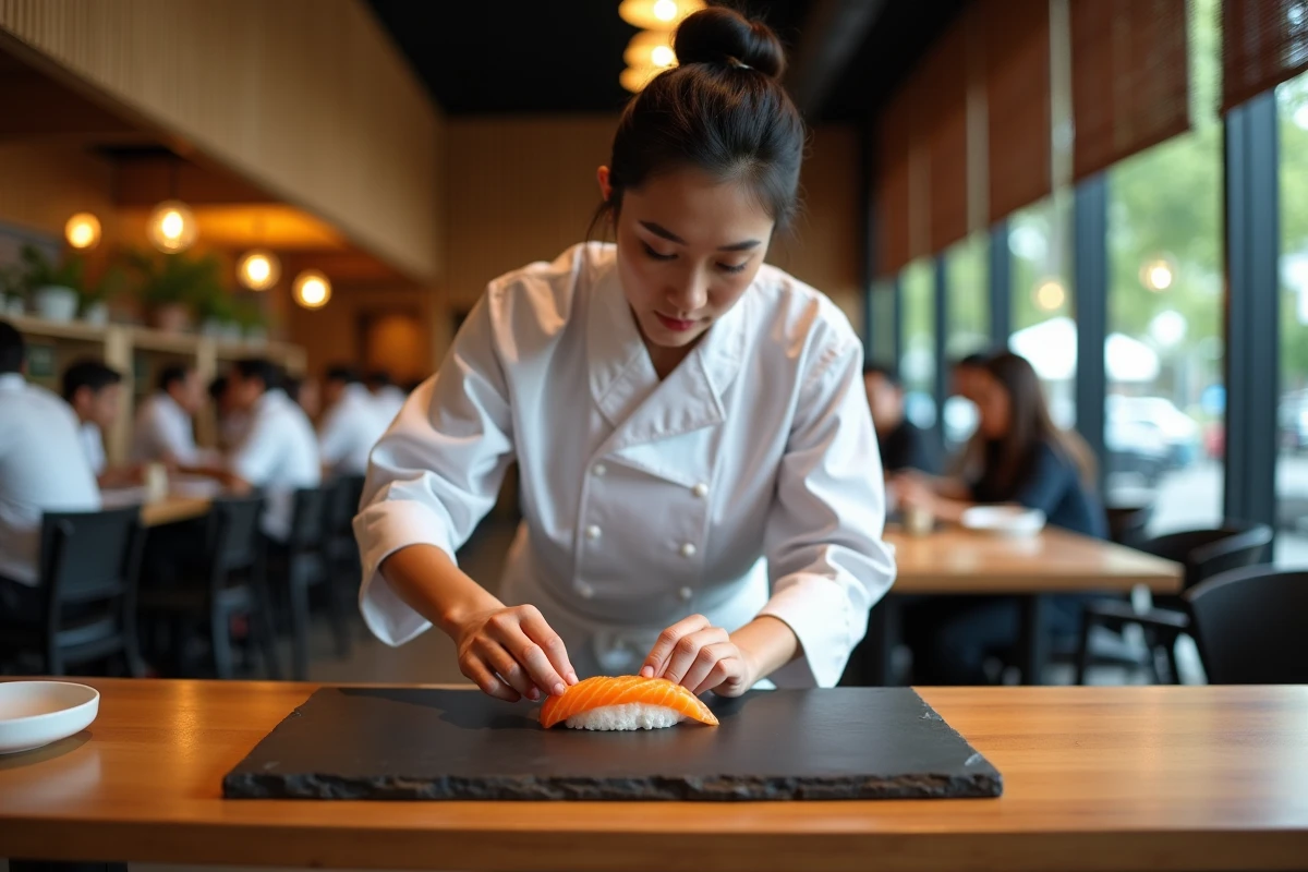 Cheffe japonaise dans un restaurant de sushis contemporain préparant un plateau de nigiri au comptoir en cuisine ouverte