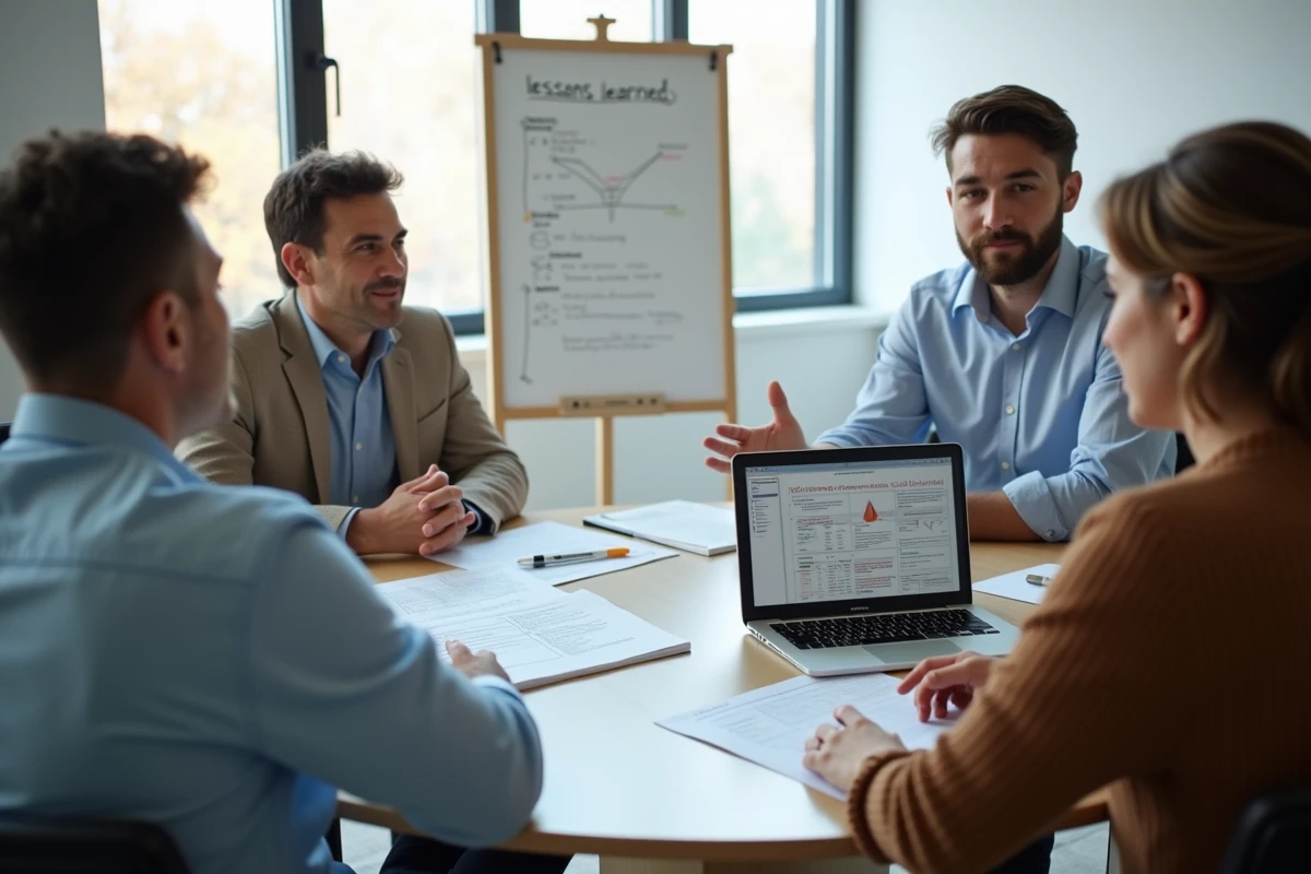 Groupe de professionnels en séance de retour d'expérience post-crise avec un rapport de capitalisation sur la table