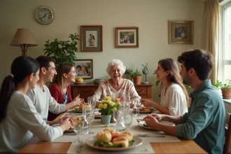 Réunion de famille multigénérationnelle autour d'une grande table en bois avec repas partagé dans une salle à manger chaleureuse