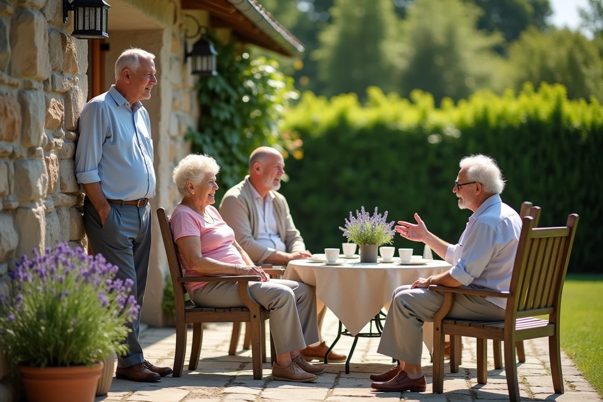 Membres d'une famille discutant sur une terrasse de jardin lors d'un après-midi de réunion familiale en extérieur