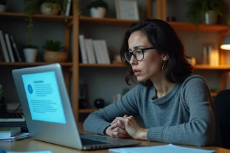 Femme inquiète devant son ordinateur portable affichant une alerte de sécurité numérique dans un bureau à domicile